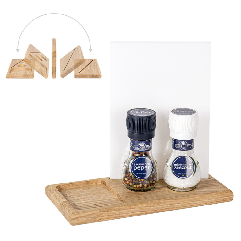 SWITCH No. 1 Eikenhout – Samen met een A5 acrylaat en een peper en zout stel