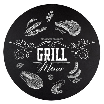 Krijtbord Rond 80 cm Vooraanzicht met grill menu krijttekening